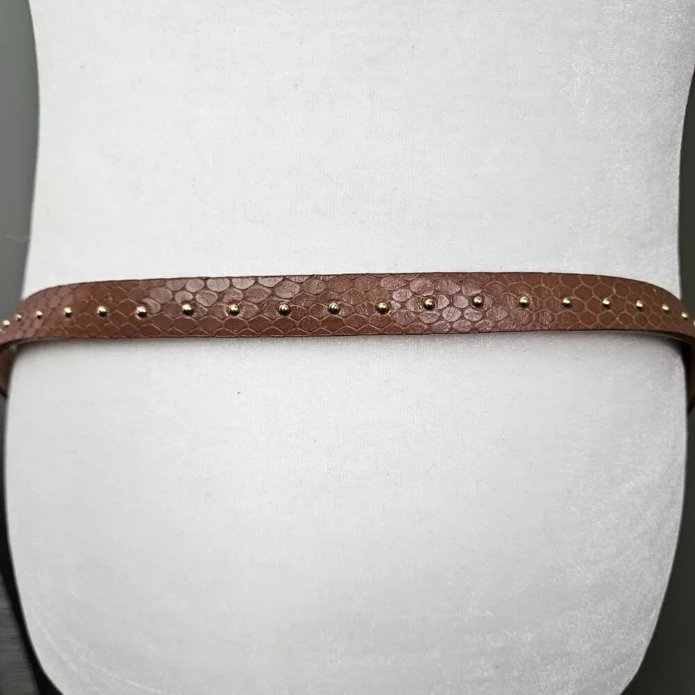 Talbots Brown Snake Embossed Leather Gold Tone Stud Skinny Belt XL